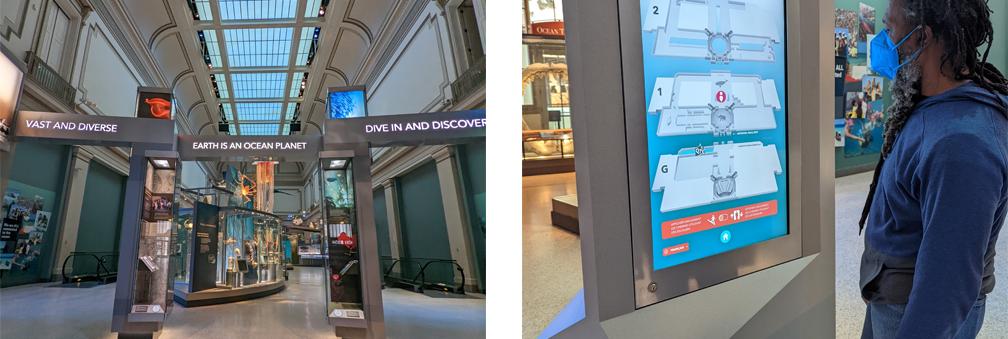 Showing the four interactive touchscreen kiosks located in the entrance to the Sant Ocean Hall with a close up of one