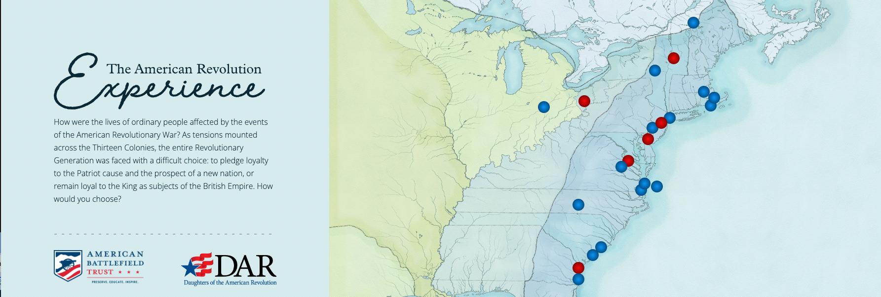 Screenshot of the homepage of The American Revolution Experience. A map with blue and red markers with portraits below that are tied to the markers