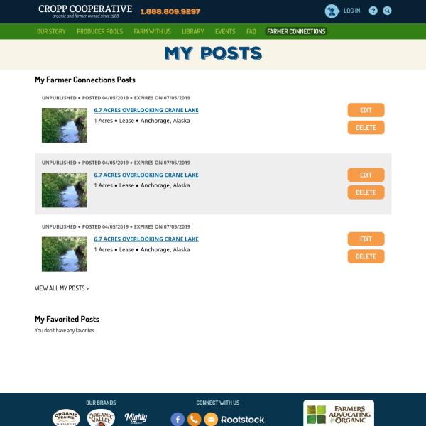 Screenshot of CROOP Cooperative website with My Posts page showing the users My Farmer Connection Posts