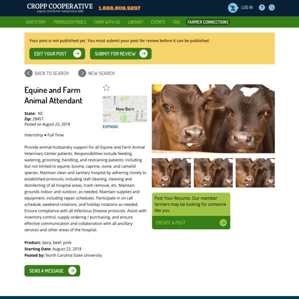 Screenshot of CROOP Cooperative website with a post showing for an Equine and Farm Animal Attendant