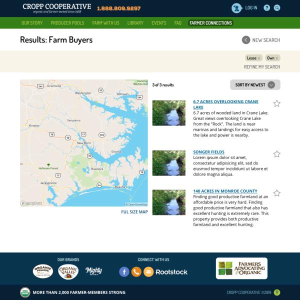 Screenshot of CROOP Cooperative website with Search results for Farm Buyers shown