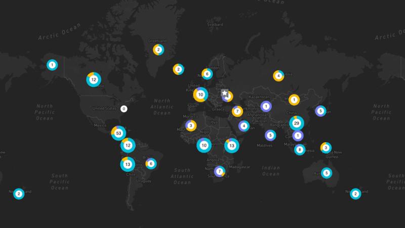 Screenshot of a left panel shown Our Global Presence and makers on a map indicating those locations