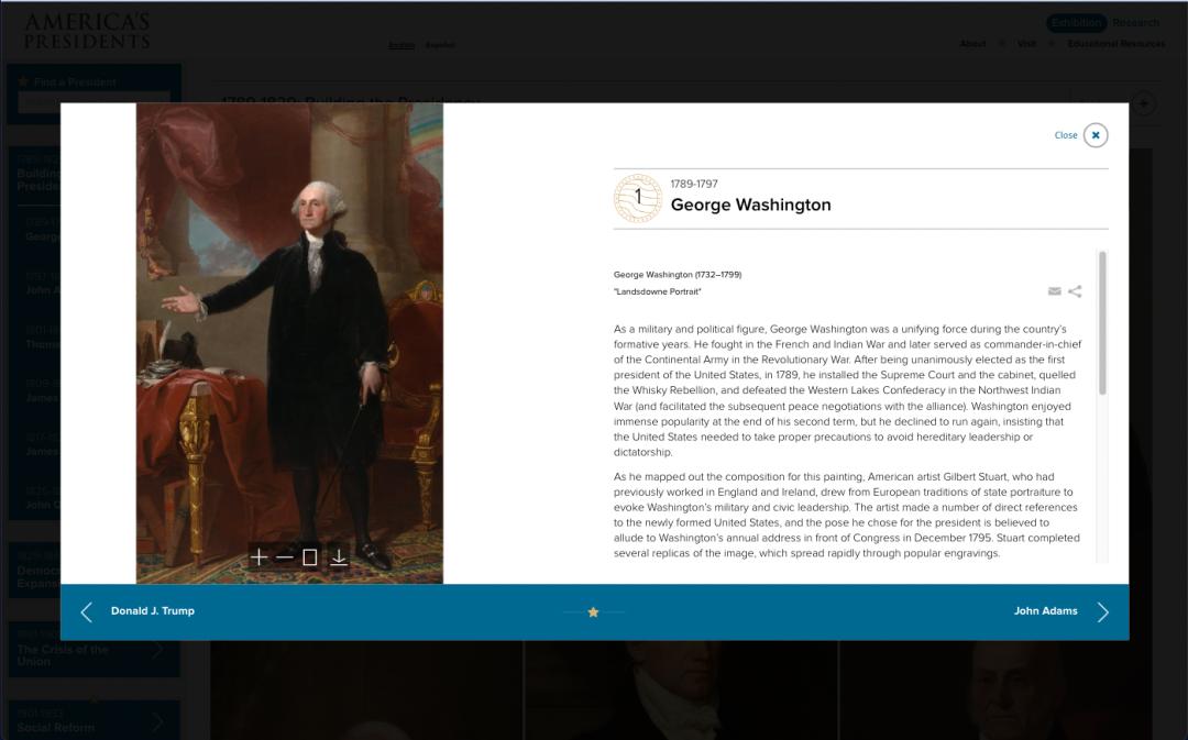 Pop-up screen for George Washington is shown with his portrait on the left and a bio on the right.