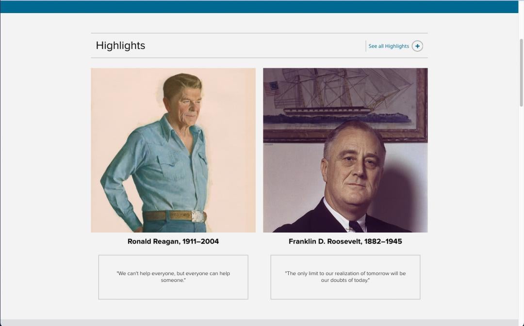 Screenshot of the research landing page. A portrait of Ronald Reagan and a portrait of Franklin D Roosevelt are the first two results