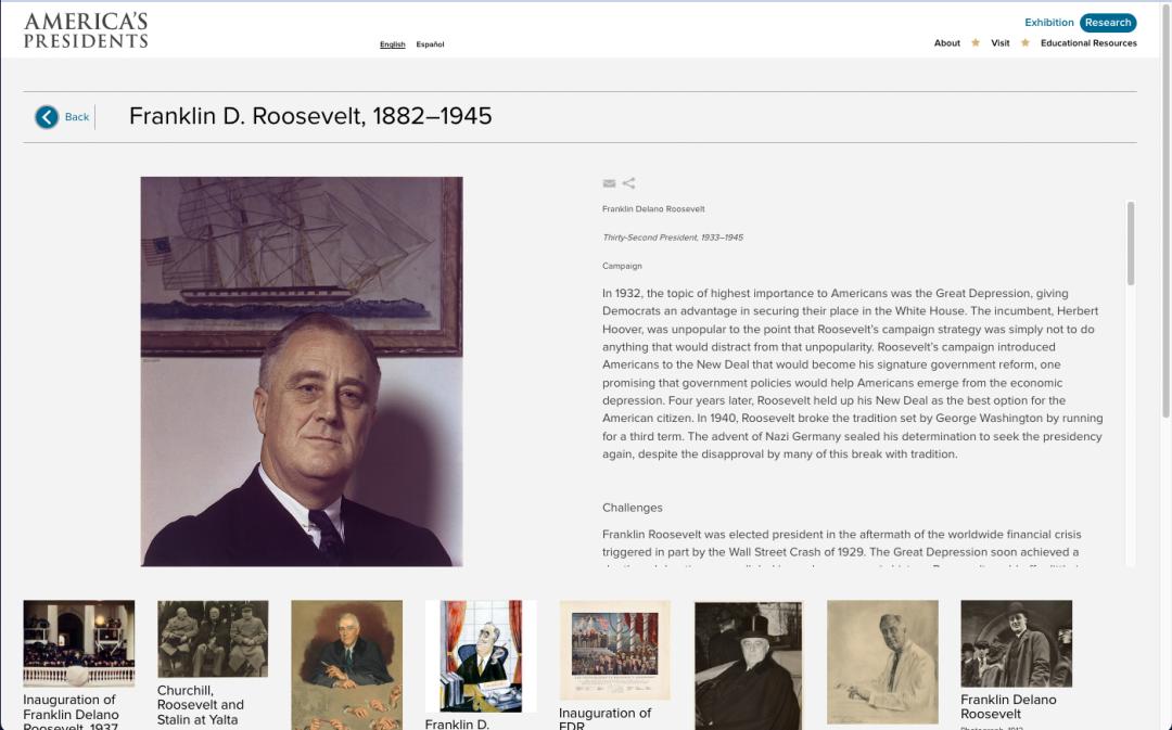 Screenshot of the Franklin D. Roosevelt insight. On the left is a portrait of him. On the right is information. Additional images are also shown.