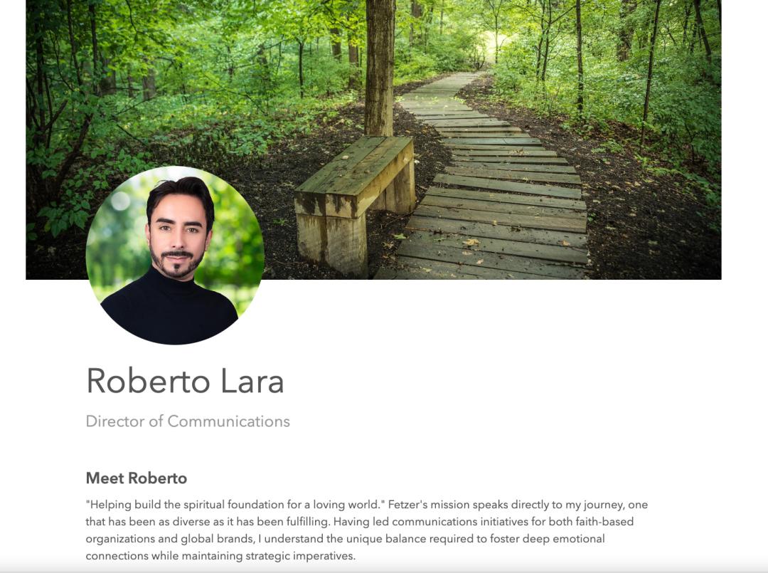 Staff bio is shown for the Director of Communications. A hero image of a wooden path in the woods, a small circular image of the person, their name, title and a brief write up follows.