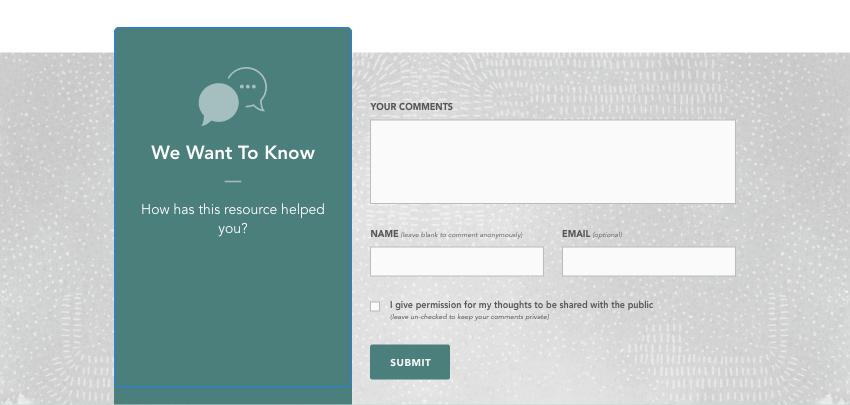 Screenshot. We want to know. How was this resource helped you? Form has fields for Your Comments, Name, Email and a Submit button.