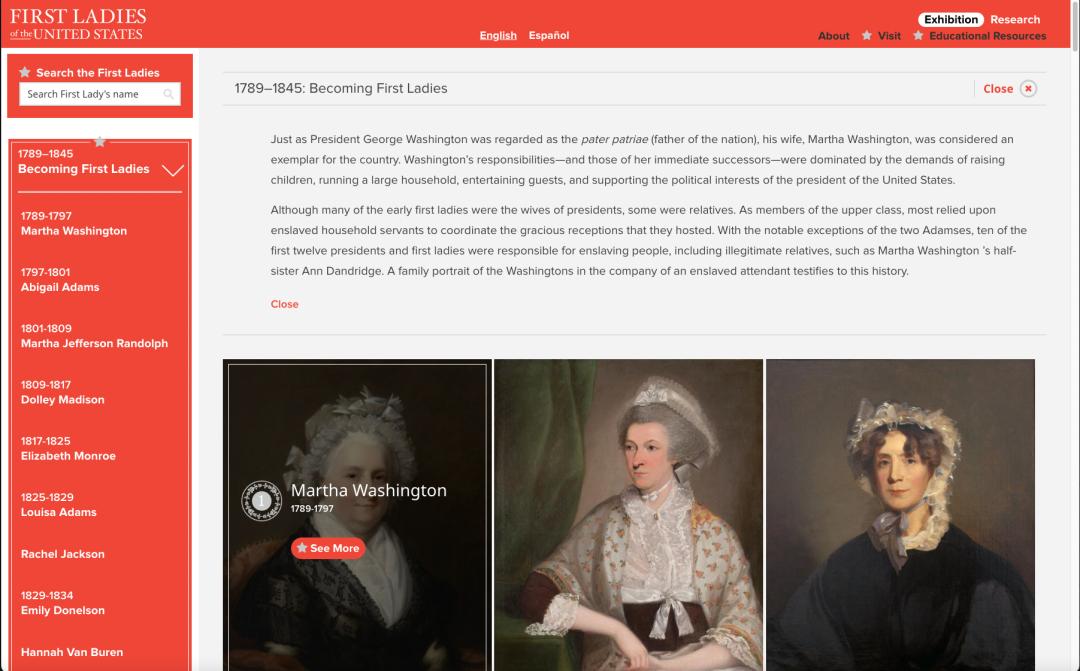 Screenshot from the First Ladies Exhibition landing page. In the left panel is a search bar followed by Categories with date ranges. The first being 1789-1845 Becoming First Ladies. The main part of the screen houses the portraits. 