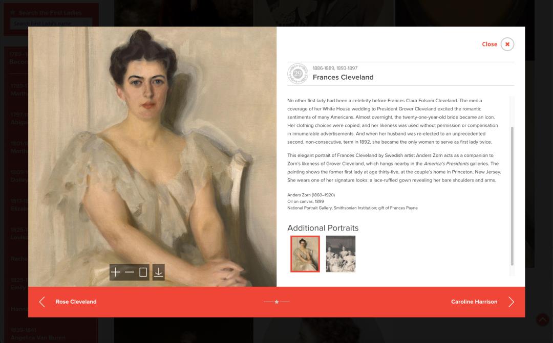Screenshot of the modal for Frances Cleveland. It shows her portrait, years in office, some text and additional portraits.