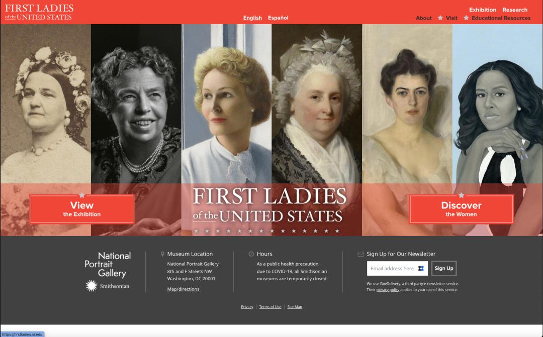 Screenshot of the homepage of the First Ladies of the United States
