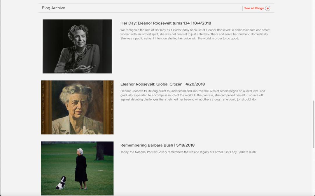 Screenshot of the First Ladies Blog Archive page. first blog shown is Her Day: Eleanor Roosevelt turns 134