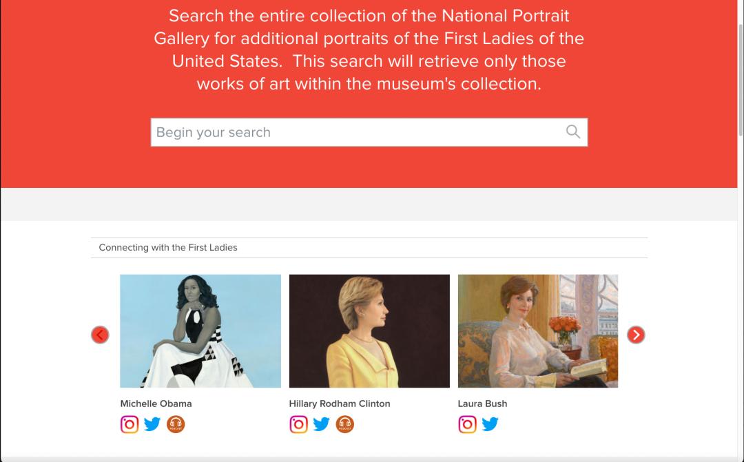 Screenshot shows a search bar and Connecting with the First Ladies below that with the social media accounts for Michelle Obama, Hillary Clinton and Laura Bush