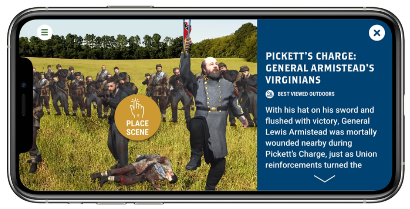 Screenshot of the GBARE app showing the scene for Pickett's Charge: General Armistead's Virginians