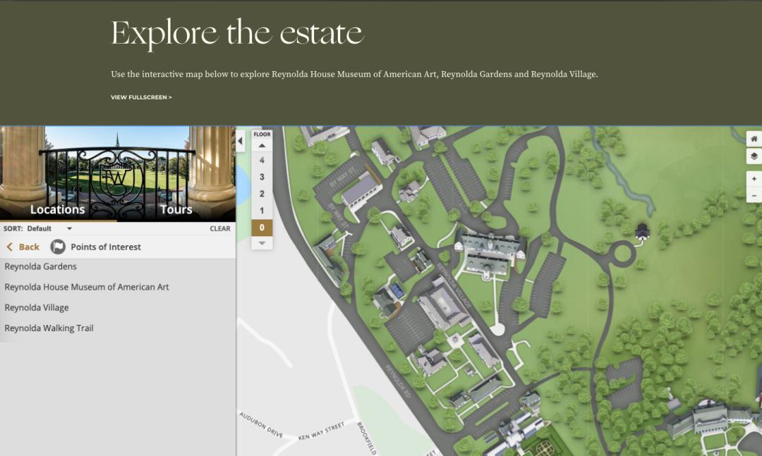 Screenshot of Explore the estate, a left panel with points of interest with the right side showing a map