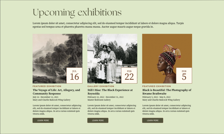 Screenshot of Upcoming exhibitions. Each exhibition has an image, the date in the corner, the name and summary text