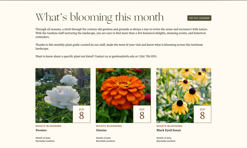 Screenshot of What's blooming this month. Featuring images of the flowers currently in bloom.