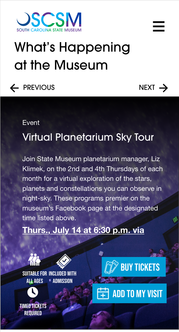 Mobile screenshot of the SCSM website showing What's Happening at the Museum with an Event shown, Visual Planetarium Sky Tour
