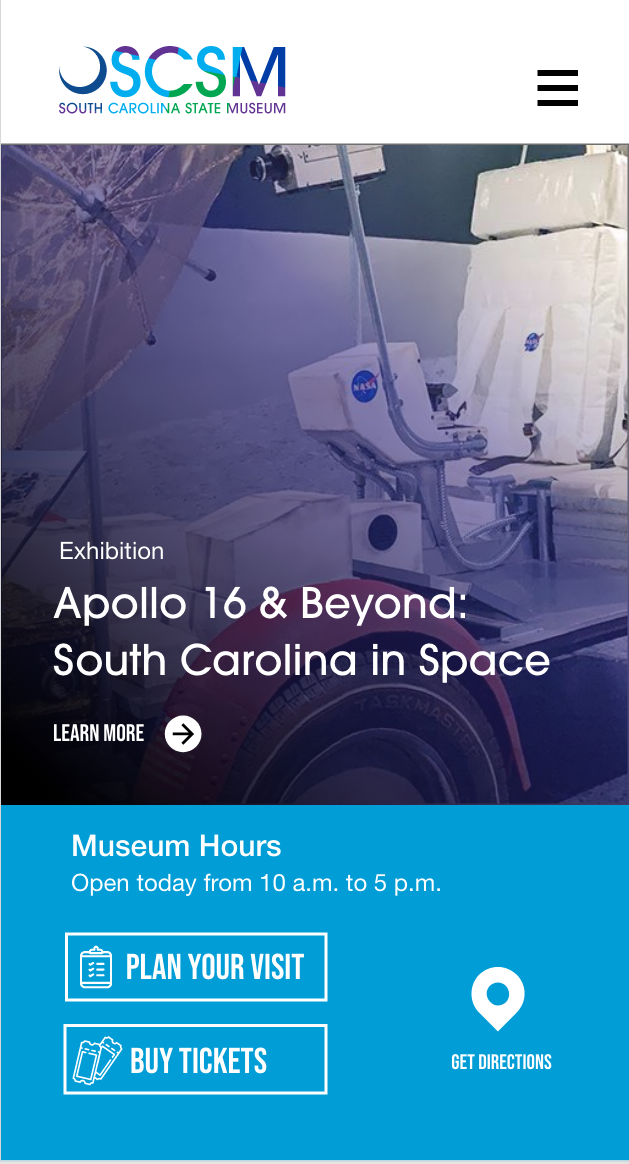 Mobile screenshot of the SCSM website showing information about the Apollo 16 & Beyond: South Carolina in Space exhibition