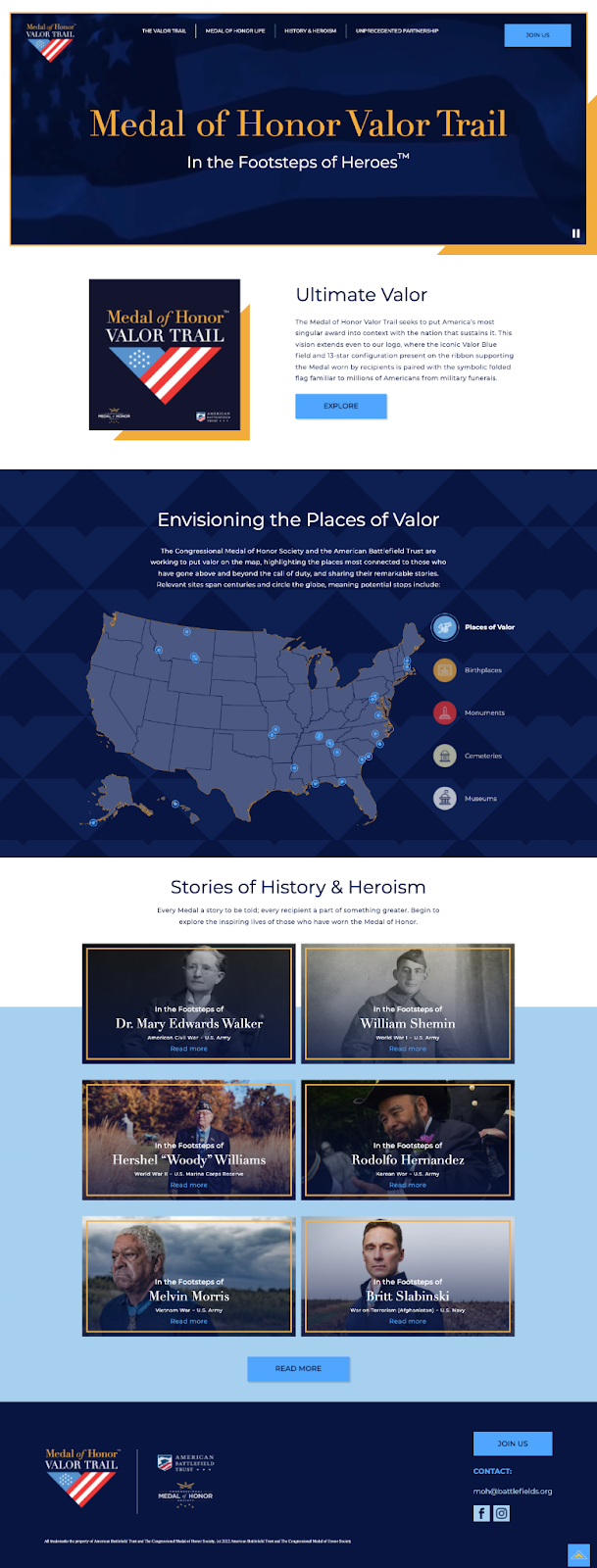 Screenshot of the homepage of the Medal of Honor Valor Trail website