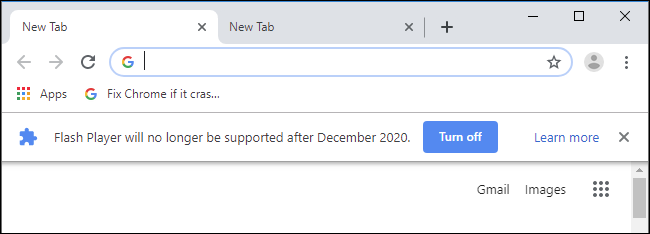 Chrome browser window with notification showing saying that Flash Player will no longer be supported after December 2020