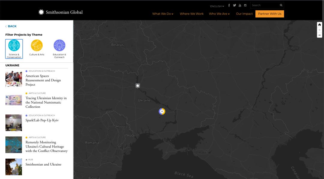 Screenshot of the SI Global Where We Work Map with the left panel showing more information about the markers in the Ukraine