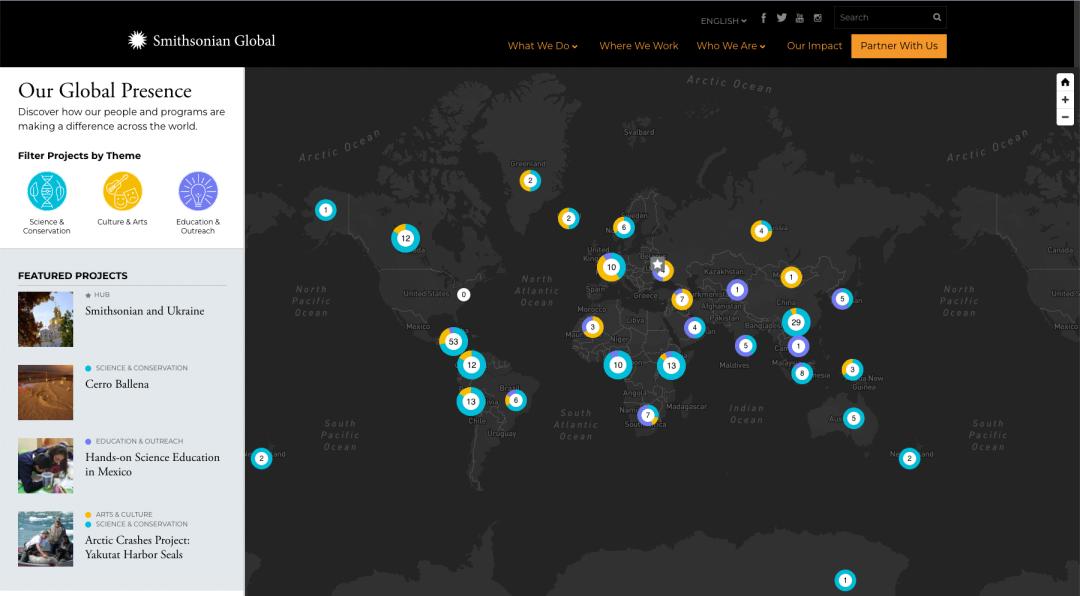 Screenshot of the SI Global Where We Work Map with the left panel showing Our Global Presence, three filters and the featured projects