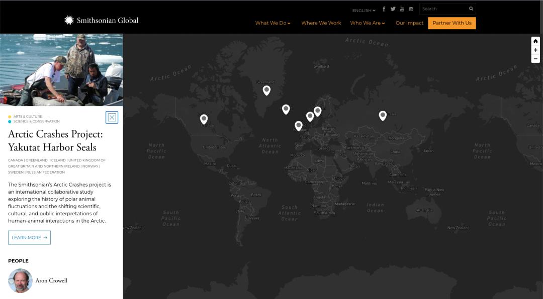 Screenshot of the SI Global Where We Work Map with the left panel showing Arctic Crashes Project: Yakutat Harbor Seals