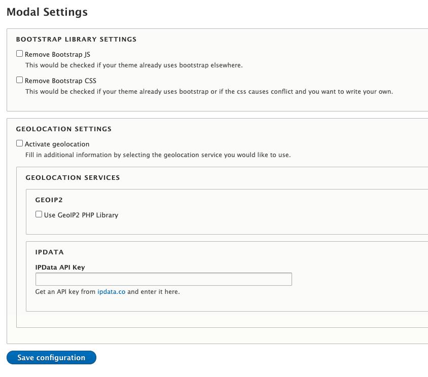 Screenshot of the Modal Settings page