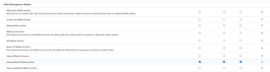 Screenshot of the Permissions screen at the Modal Management Modules section and View published Modal entities is checked for anonymous users