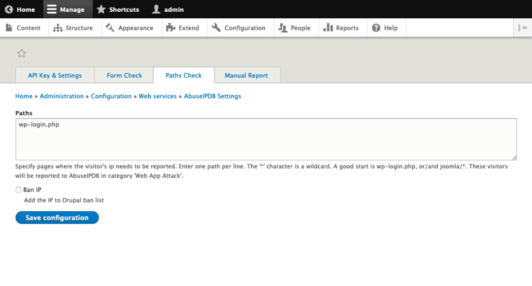 Drupal backend is shown with the Paths Check tab displayed. In the paths text box wp-login.php is listed.
