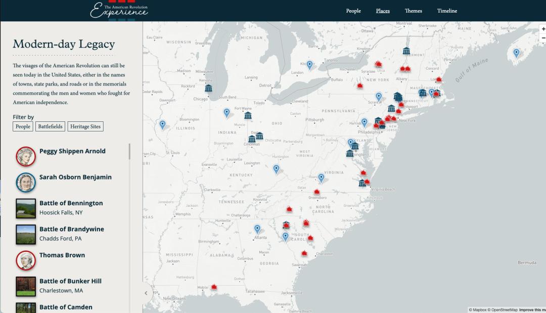 Screenshot of the Modern-day Legacy map is shown. The left panel gives options to filter by People, Battlefields or Heritage Sites and then items that fall into those categories are listed below. The rest of the screen holds a map of the US with markers for the items.