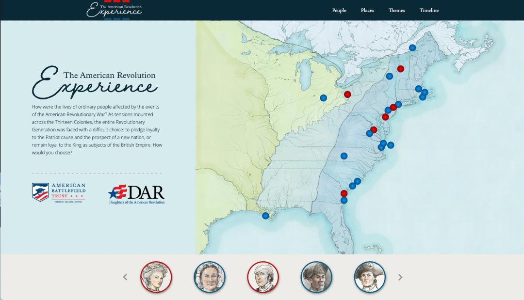 Screenshot of the homepage of The American Revolution Experience. A map with blue and red markers with portraits below that are tied to the markers