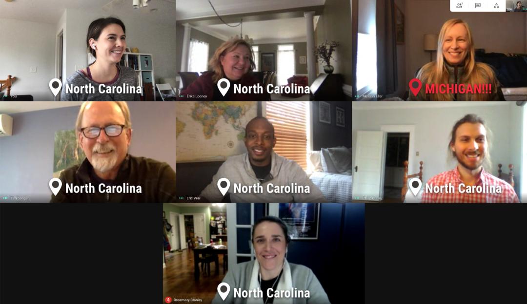 Screenshot of the IK Team in a virtual meeting with 6 individuals having a location marker of North Carolina and one having a location marker of Michigan