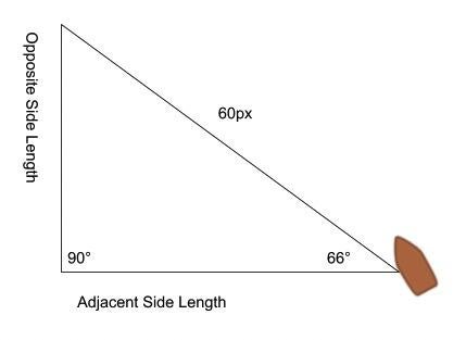 Triangle with opposite side length and adjacent side length meeting at 90 degrees and the ship meeting adjacent side length at 66 degrees with a 60px distance from the ship corner to the top of opposite side length