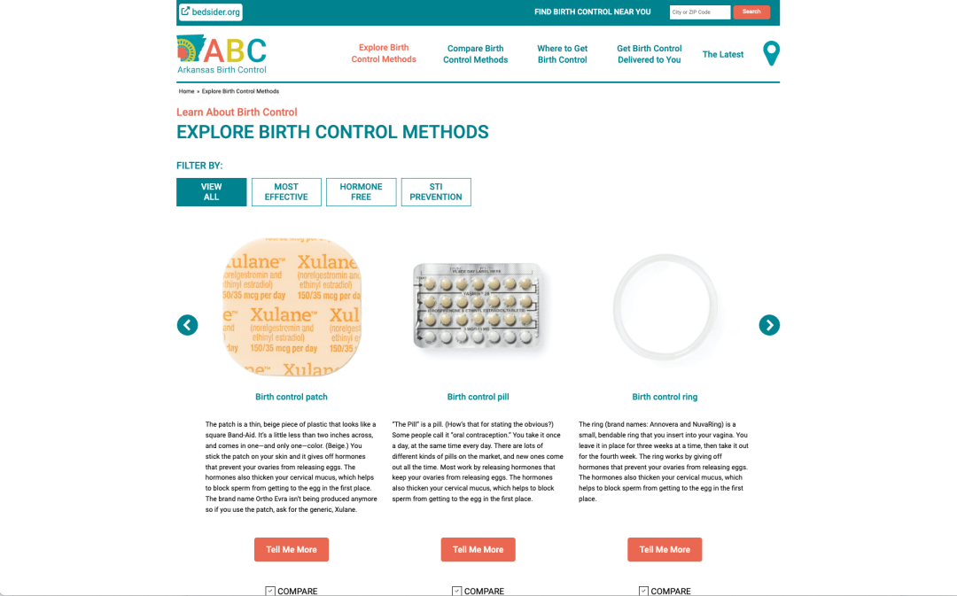 Screenshot. Arkansas Birth Control Explore Birth Control Methods page. Filter by View all, Most Effective, Hormone Free, STI Prevention. An image of the method, a short summary and button to Tell Me More is under each