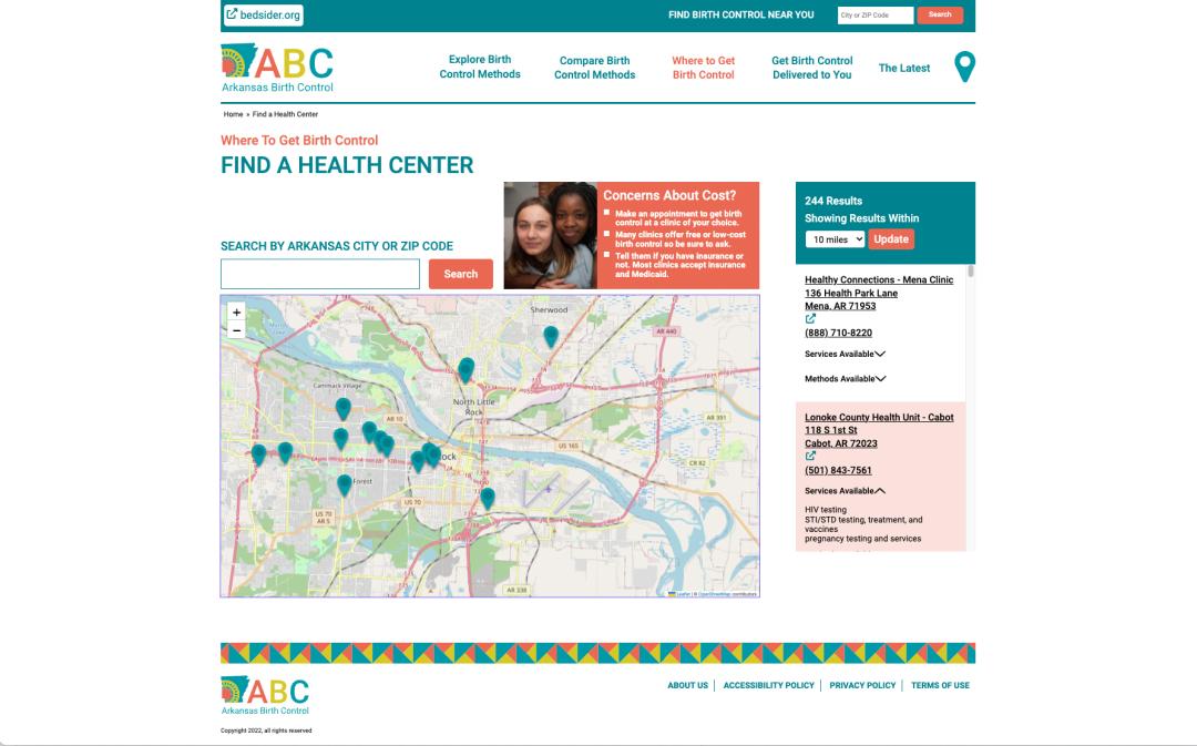 Screenshot. Arkansas Birth Control Find a Health Center page. Search by Arkansas City of Zip Code. Map is shown with markers, right of the map is information about the health centers shown: name, address, phone, services available.