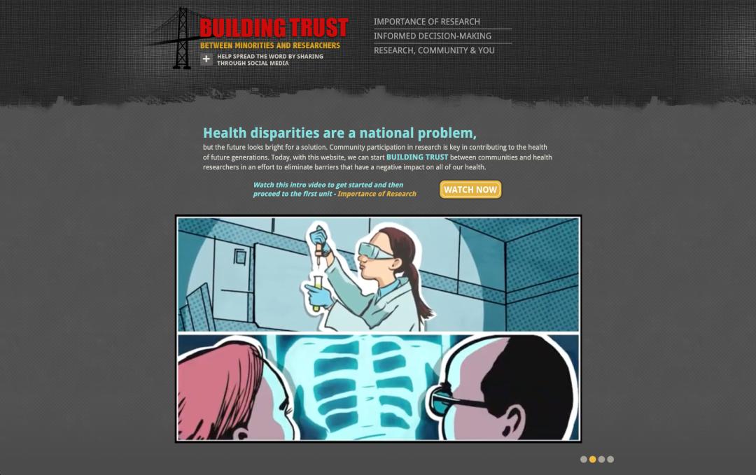 Screenshot of the Building Trust website. Page states Health disparities are a national problem.