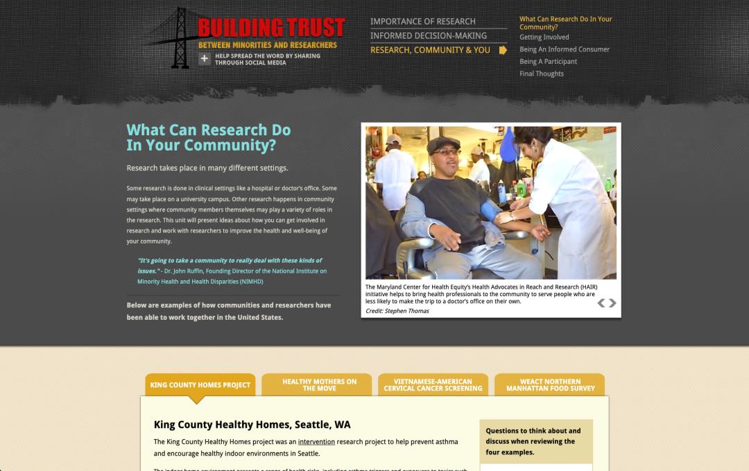 Screenshot of the Building Trust website. Page asks What Can Research Do In Your Community?