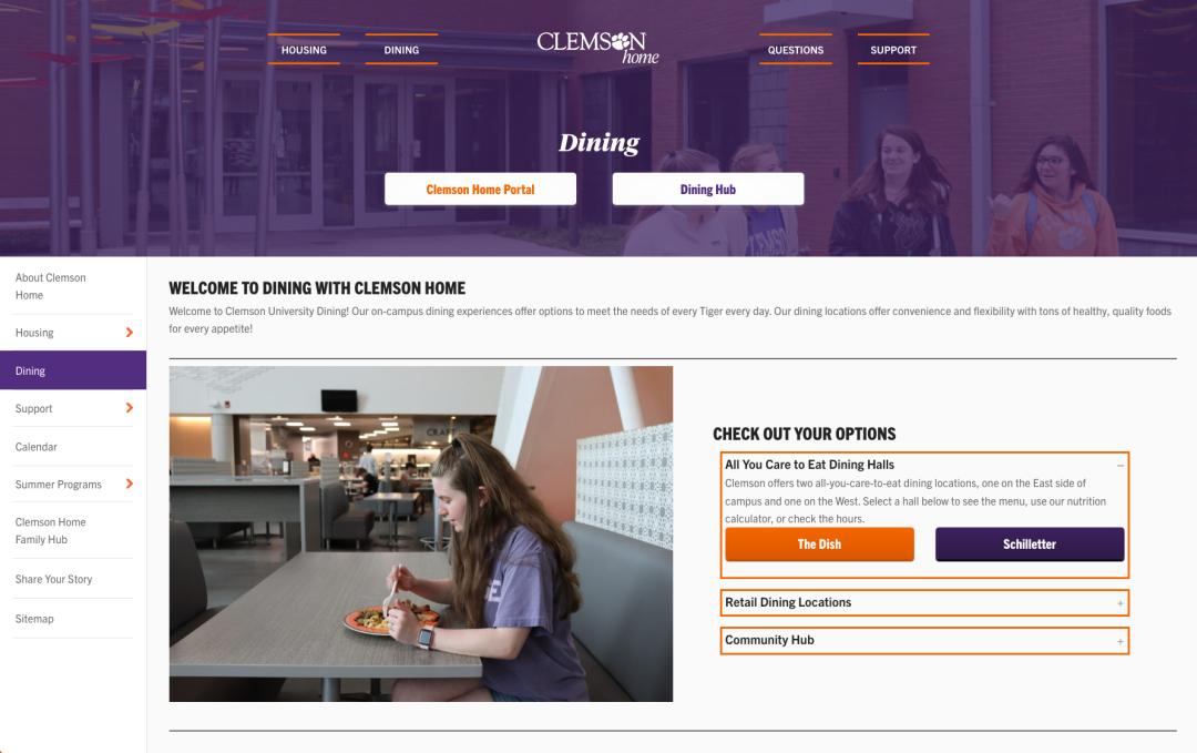 Screenshot Clemson Home Dining Landing page
