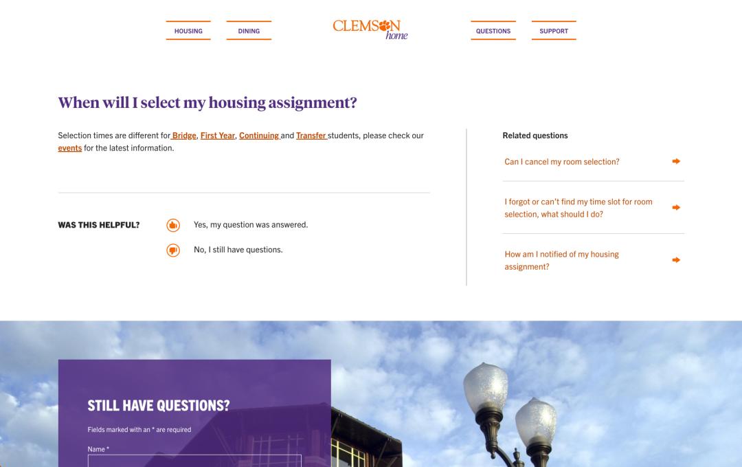 Screenshot Clemson Home Q/A page asking asking a question and providing an answer with the option to rate if it was helpful or not and some additional related questions