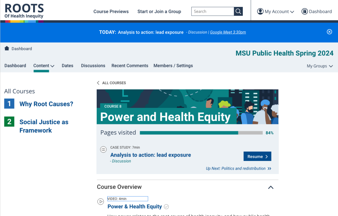 Screenshot of the design for the Roots of Health Inequity Course Content Page. Shows the progress on the current course: Course 8 Power and Health Equity