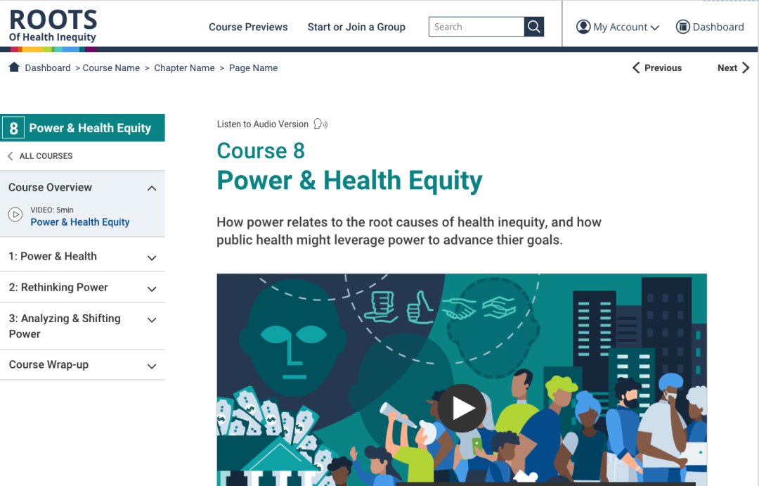 Screenshot of the design for the Roots of Health Inequity course overview page. Course 8 Power & Health Equity overview is shown