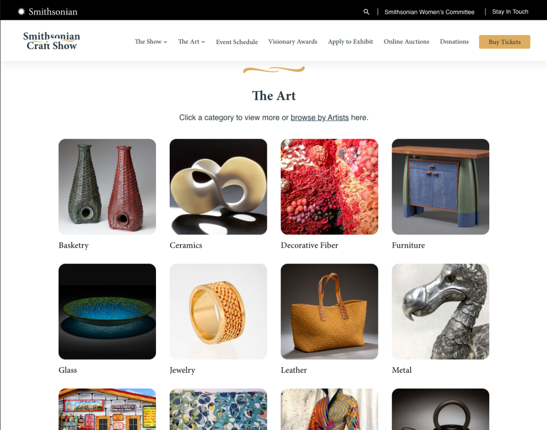 Smithsonian Craft Show design page showing The Art landing page
