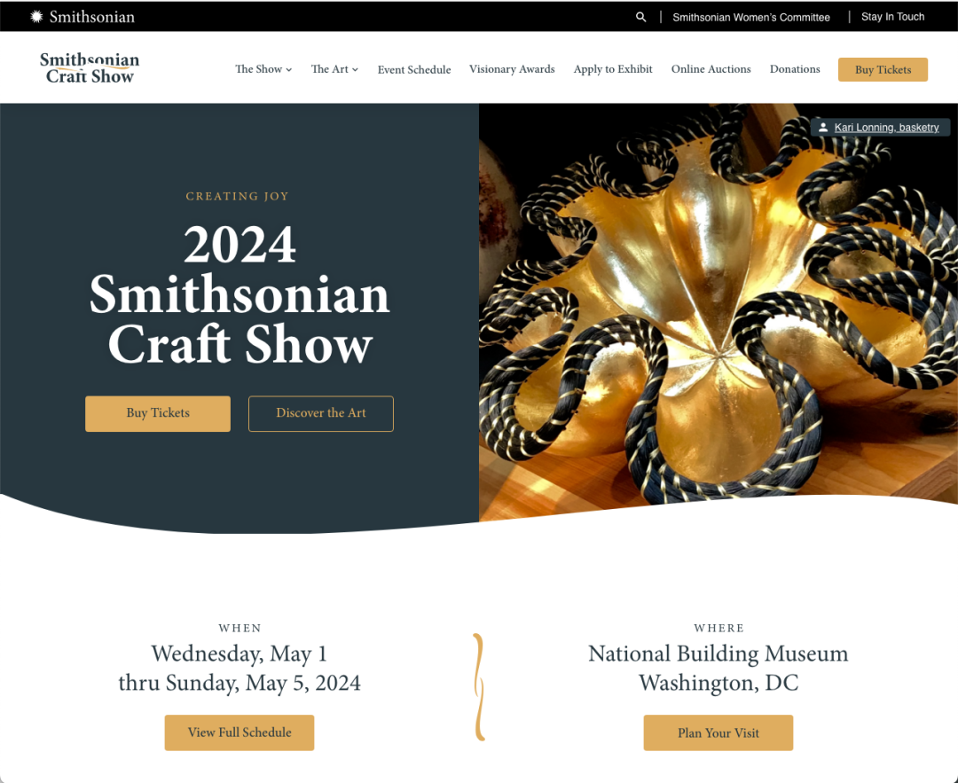 Smithsonian Craft Show design page showing the homepage for the 2024 Smithsonian Craft Show