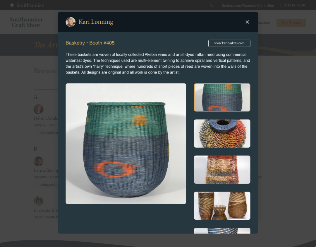 Smithsonian Craft Show design page showing a modal for an artist displaying their work