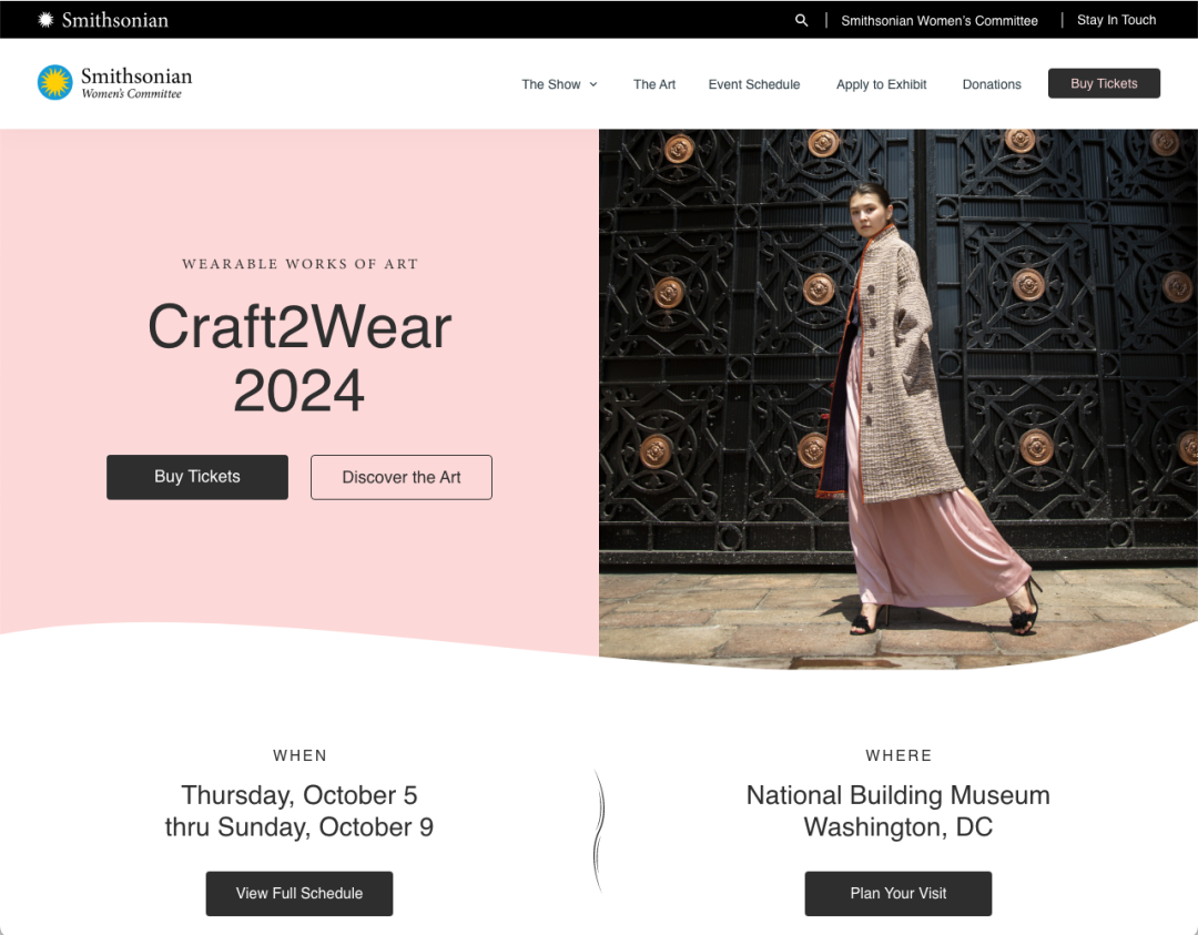 Smithsonian Craft Show design page showing the homepage for the Craft2Wear 2024 homepage