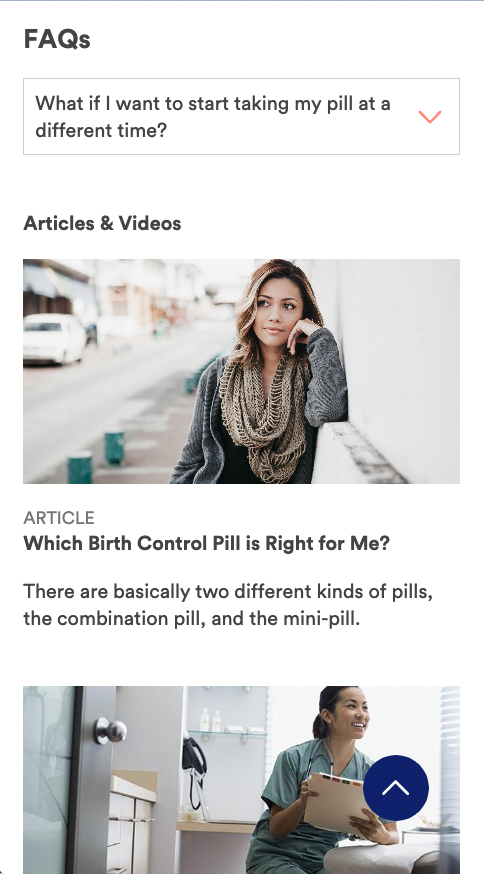 Screenshot. FAQs page. Q: What if I want to start taking my pill at a different time?