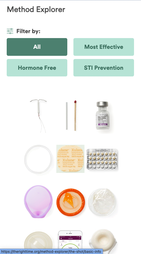 Screenshot. Method Explorer. Filter by All, Most Effective, Hormone Free, STI Prevention. Different birth control methods are shown below.
