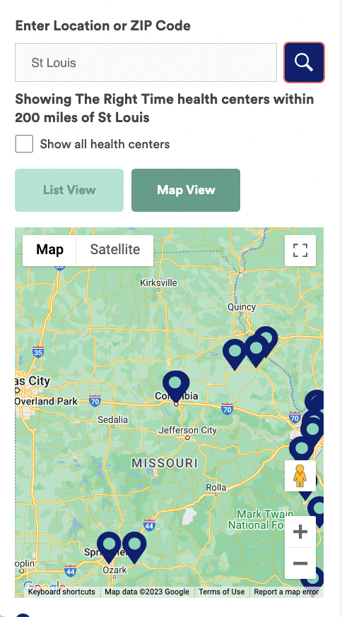 Screenshot. Map showing The Right Time health centers within 200 miles of St Louis. 
