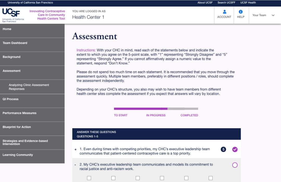 Screenshot. Assessment screen of the Innovating Contraceptive Care in Community Health Center Tool.